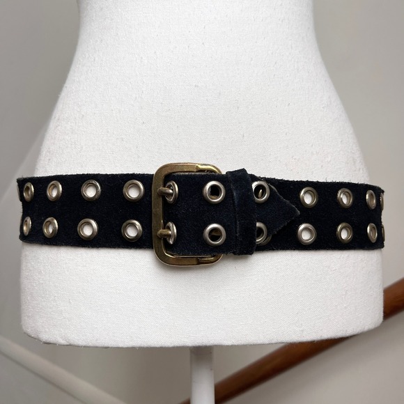 Vintage Black Suede Grommet Belt 1960s Mod Biker Boho Rock Double Prong